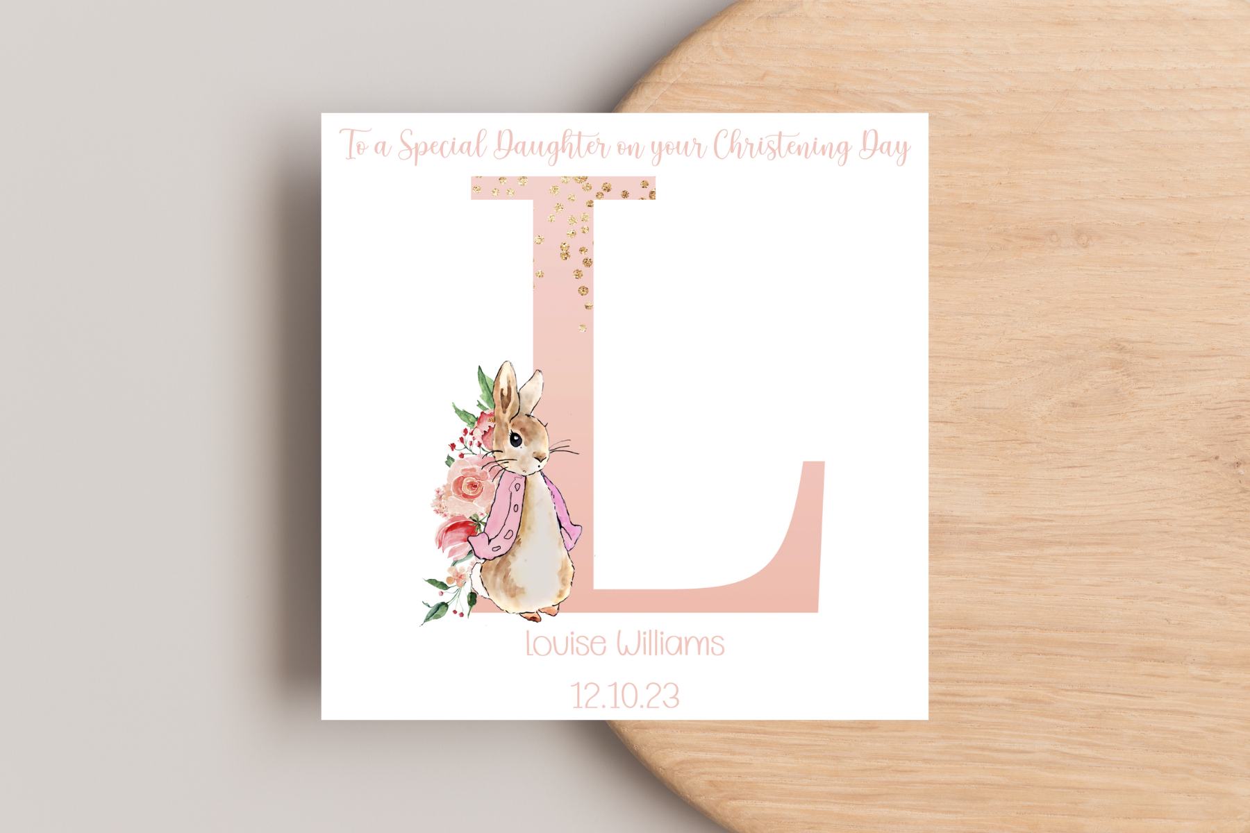 Peter Rabbit Pink Christening Card- Personalised Initial Name and Date