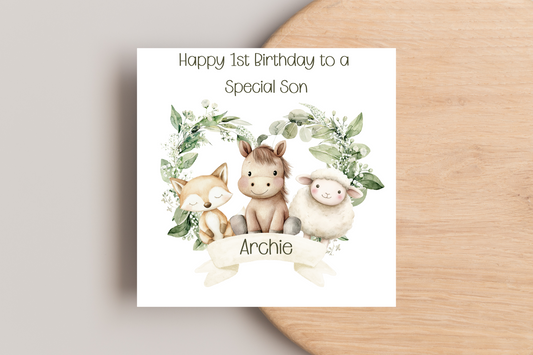 Personalised Farm Animal Wreath Birthday Card