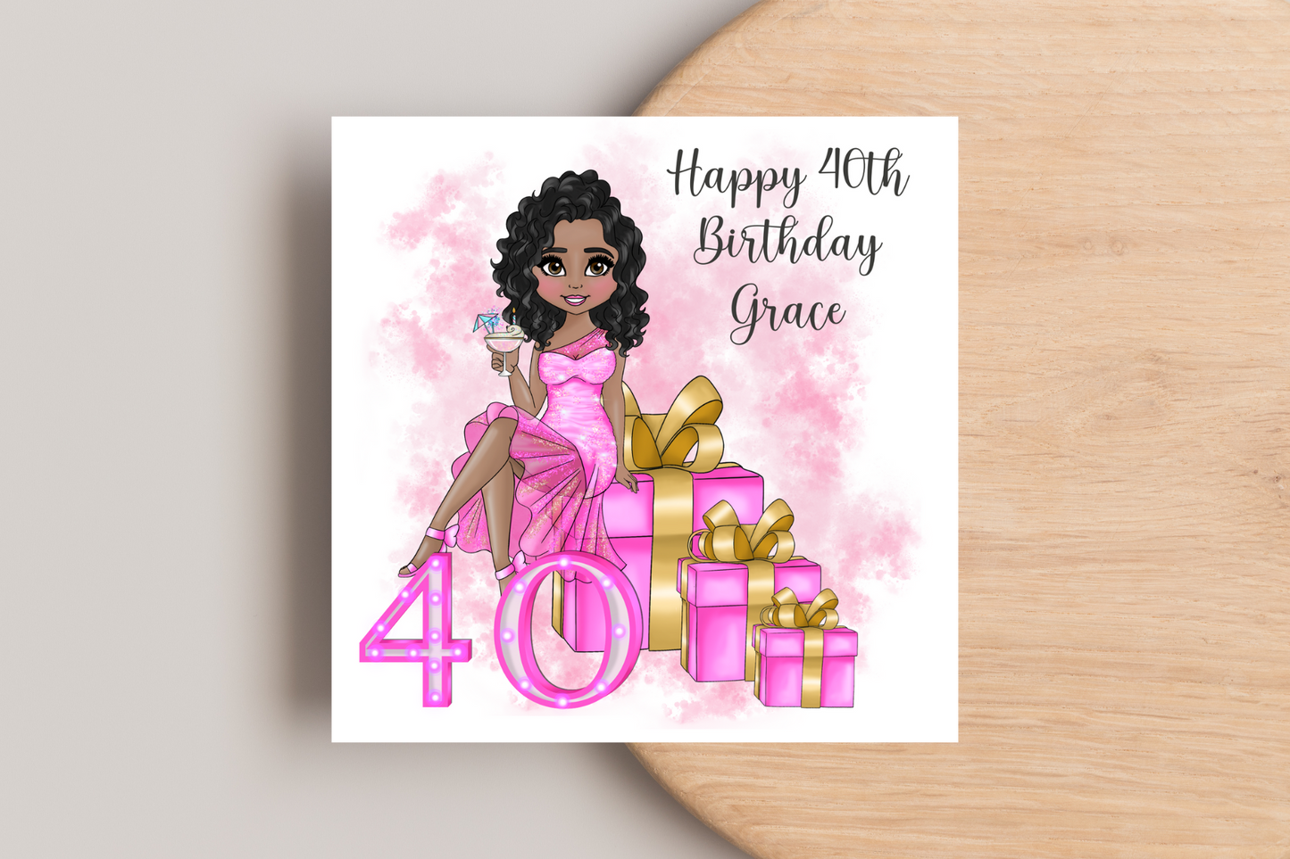 40th Birthday Card Personalised- Lady in Pink Dress Sitting on Glittering Presents