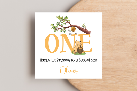 Pooh Bear Inspired ONE 1st Birthday Card - Personalised