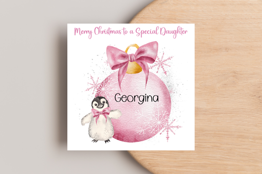 Personalised Penguin Bauble Christmas Card