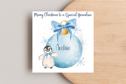 Personalised Penguin Bauble Christmas Card