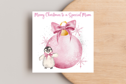 Personalised Penguin Bauble Christmas Card