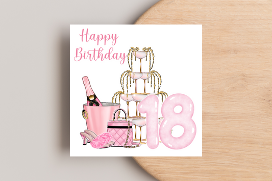 Pink Champagne Fountain 18th Birthday Card