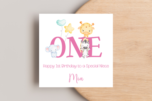 Animal ONE 1st Birthday Card - Personalised
