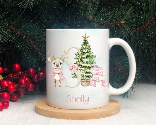 Personalised Initial Pink Reindeer Mug
