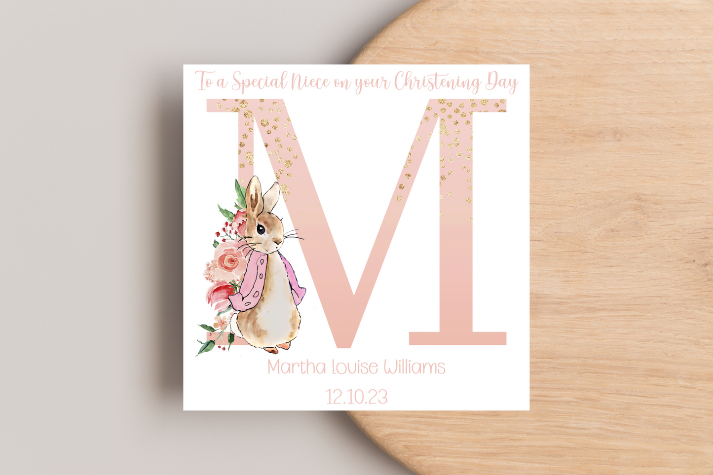 Peter Rabbit Pink Christening Card- Personalised Initial Name and Date