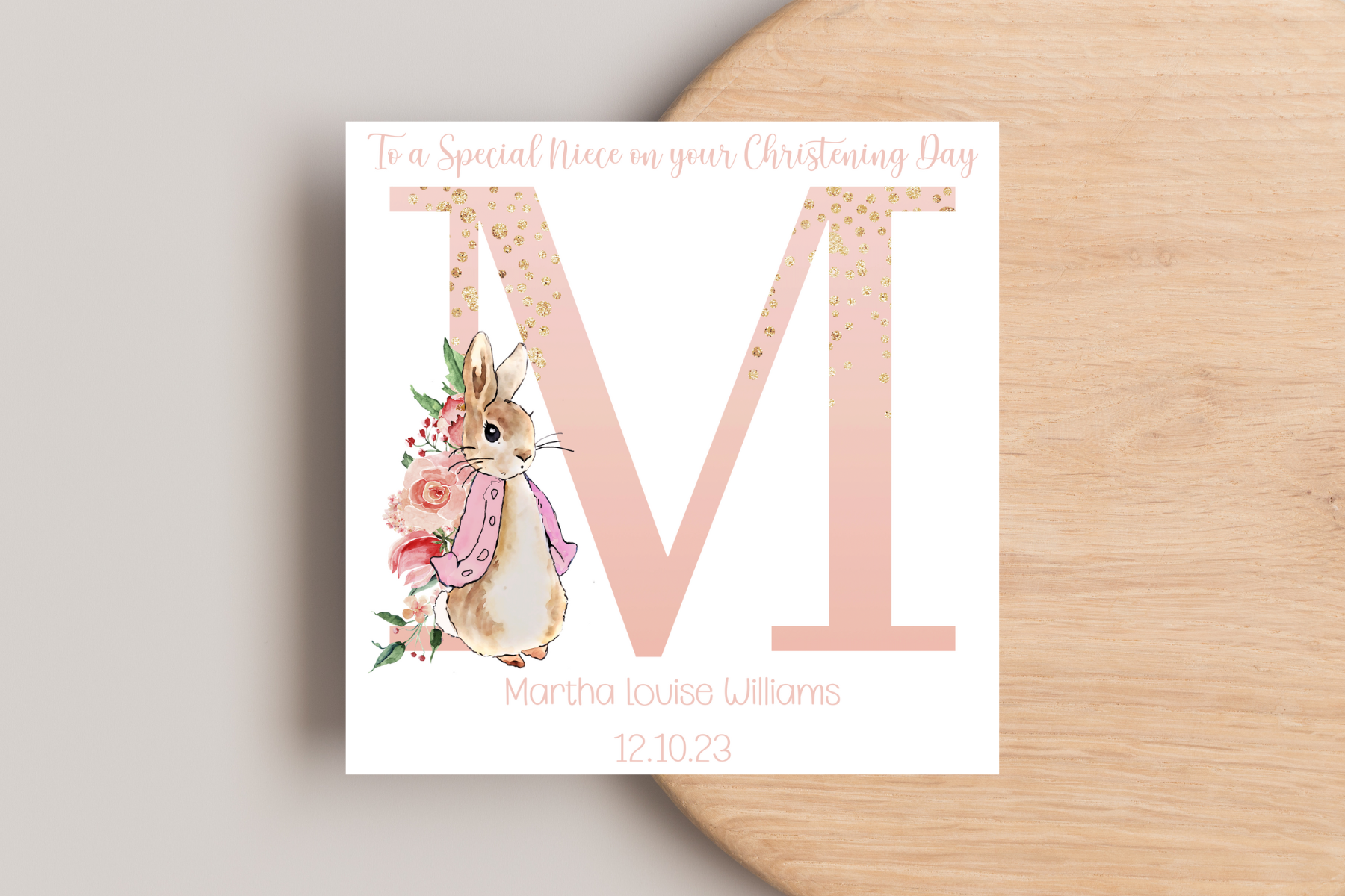Peter Rabbit Pink Christening Card- Personalised Initial Name and Date