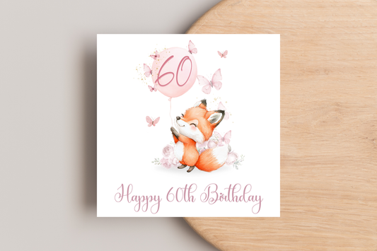 Pink Butterflies and Fox 60th Birthday Card