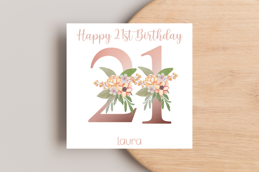 Personalised 21st Rose Gold Floral Birthday Card