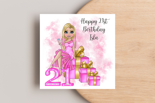 21st Birthday Card Personalised- Lady in Pink Dress Sitting on Glittering Presents