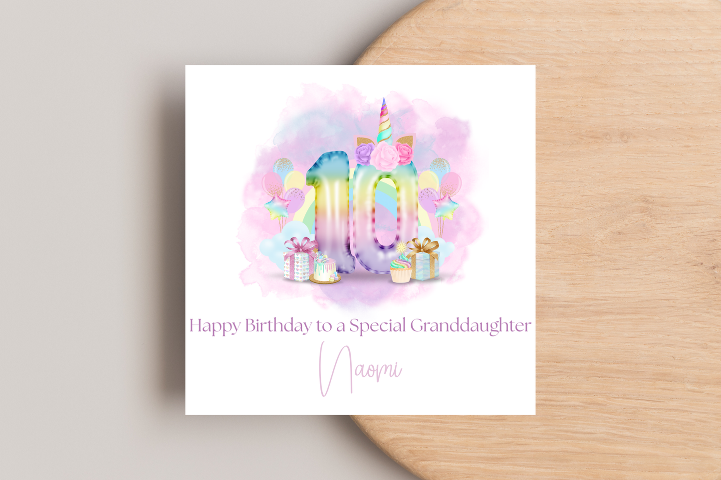 Personalised Unicorn Rainbow Balloons Birthday Card