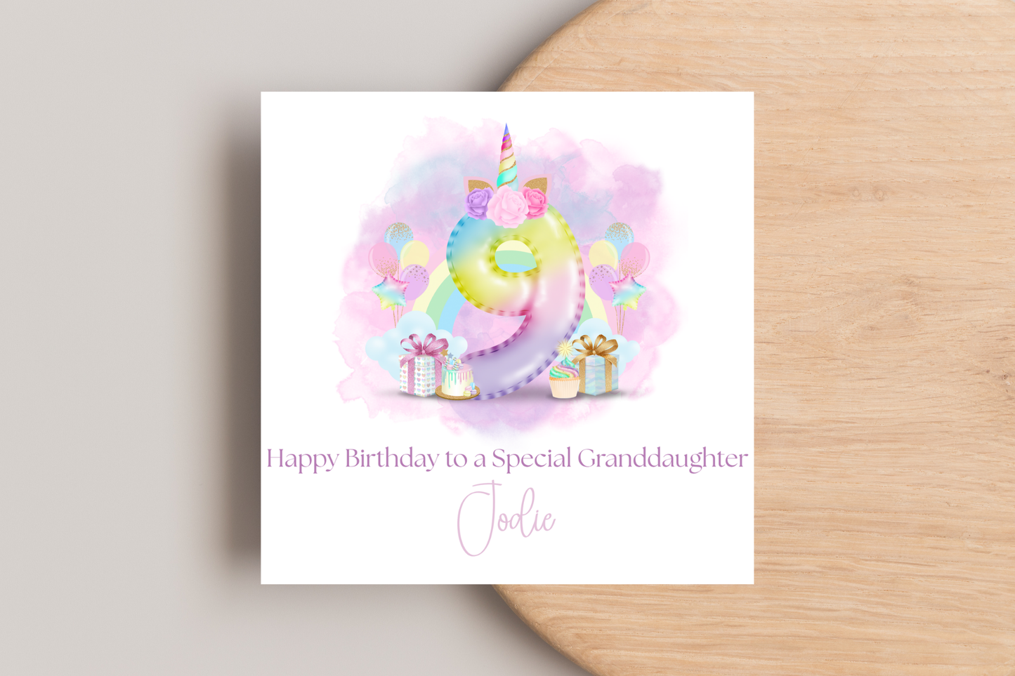 Personalised Unicorn Rainbow Balloons Birthday Card