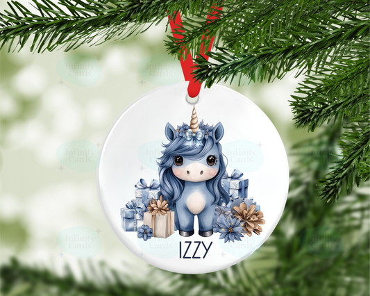 Personalised Blue Unicorn Tree Decoration
