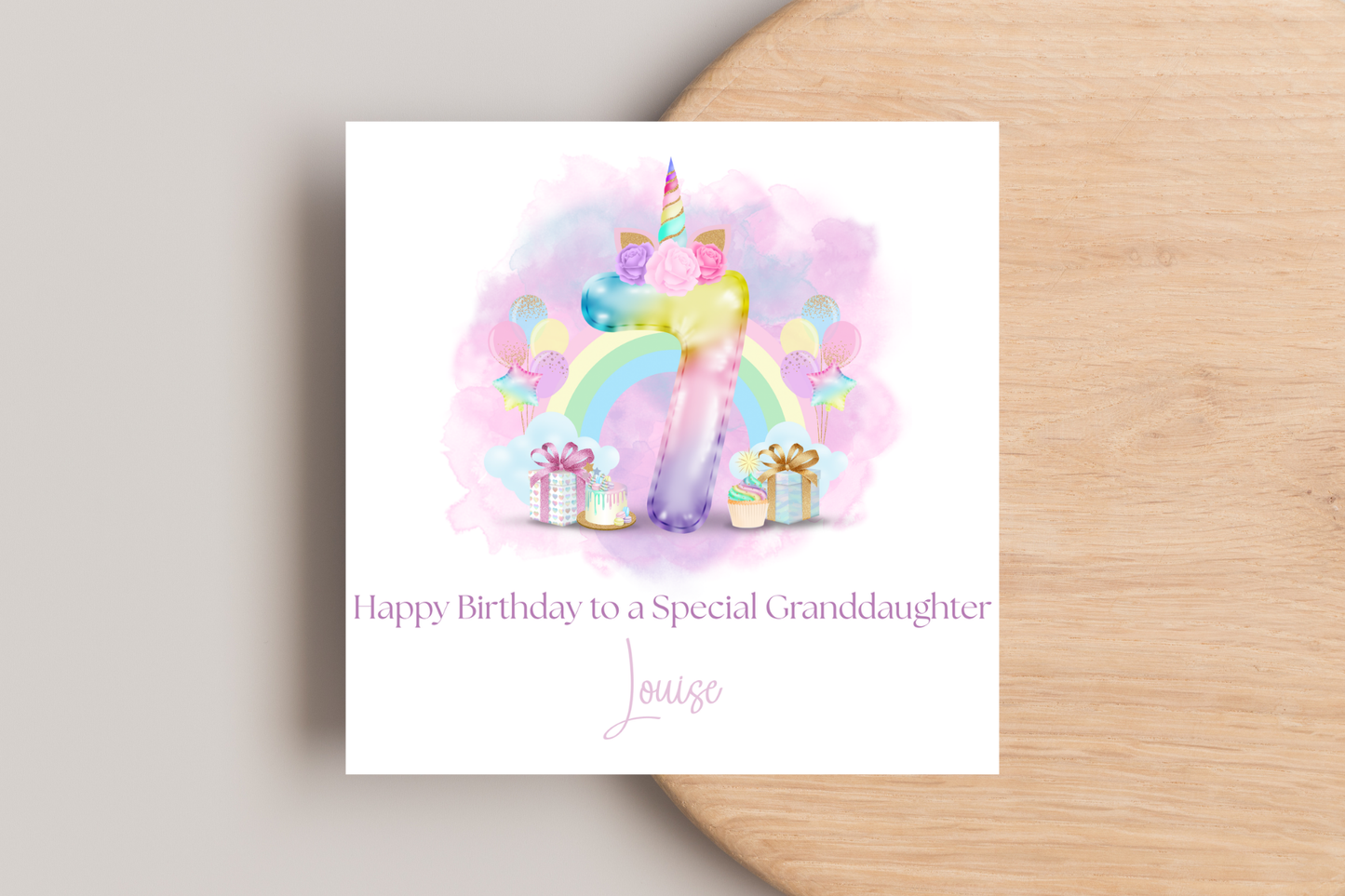Personalised Unicorn Rainbow Balloons Birthday Card