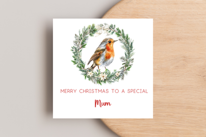 Personalised Robin in Wreath Christmas Card