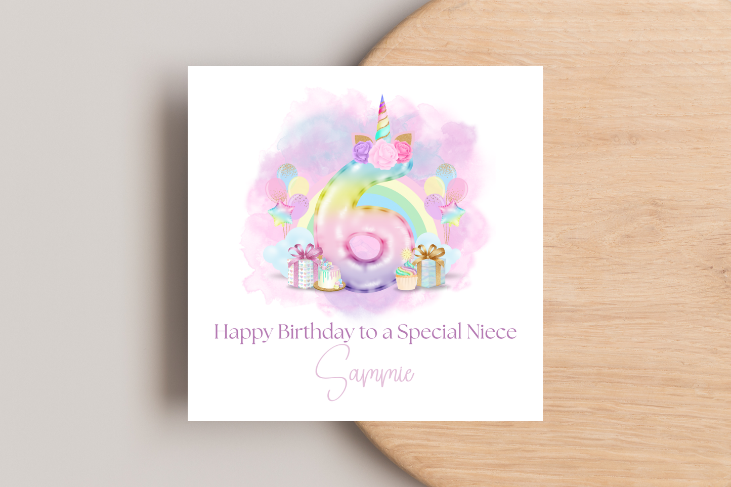 Personalised Unicorn Rainbow Balloons Birthday Card
