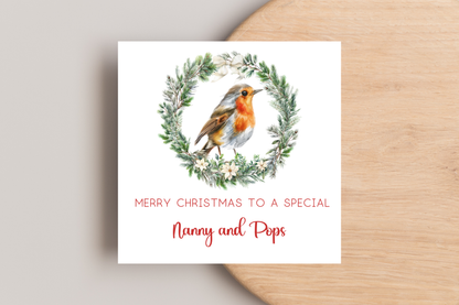 Personalised Robin in Wreath Christmas Card