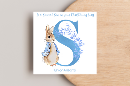 Peter Rabbit Blue Christening Card- Personalised Initial Name and Date