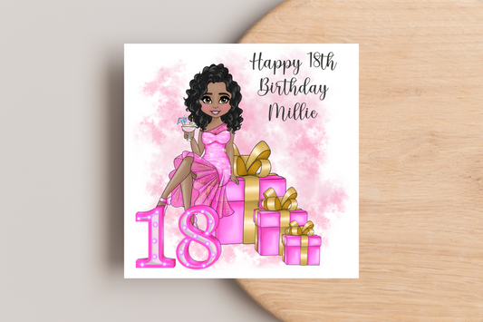 18th Birthday Card Personalised- Lady in Pink Dress Sitting on Glittering Presents