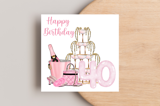 Pink Champagne Fountain 40th Birthday Card