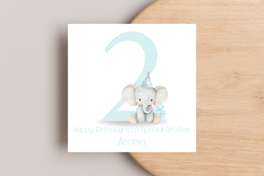 Personalised Elephant 2nd Birthday Card