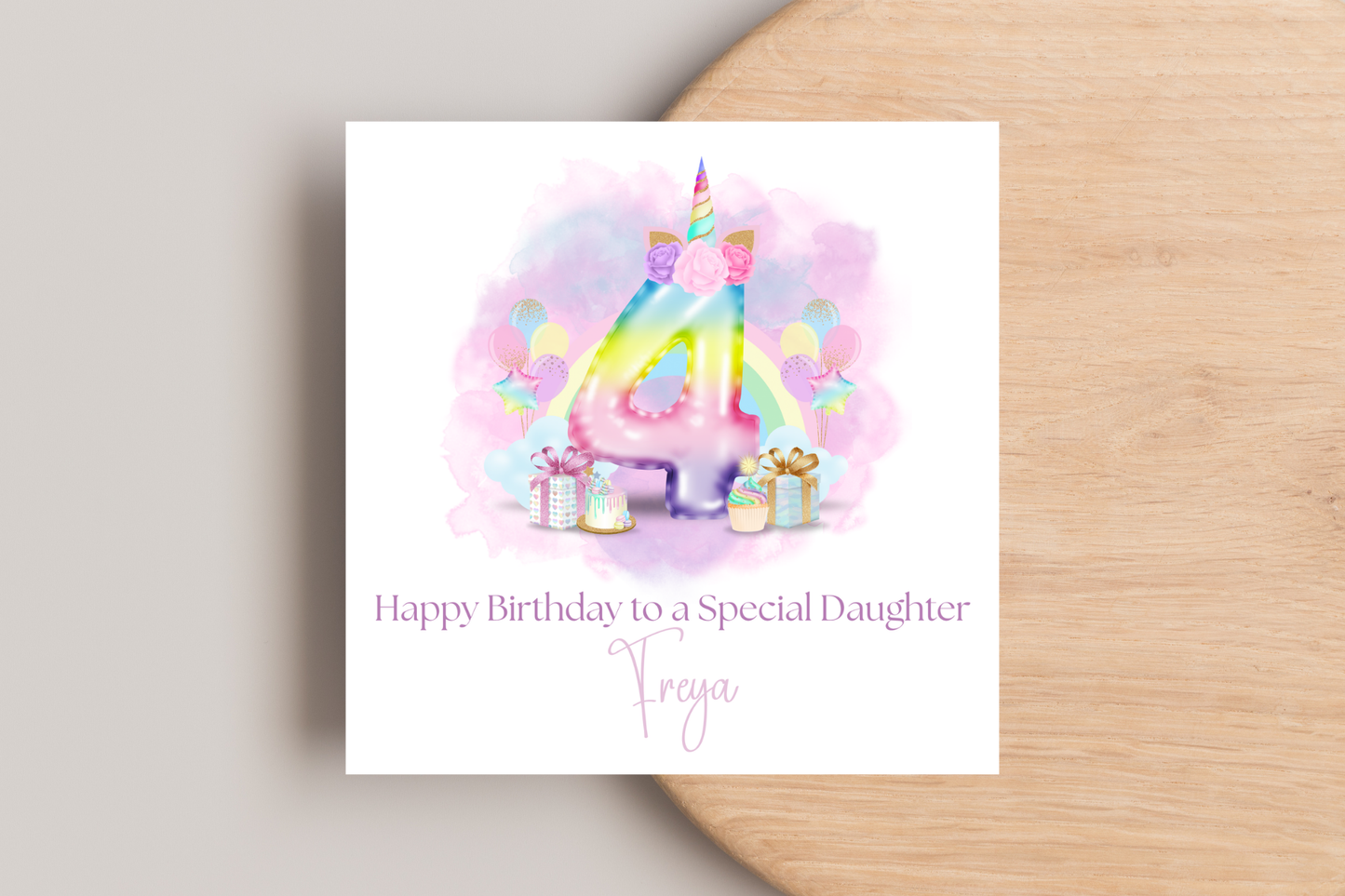 Personalised Unicorn Rainbow Balloons Birthday Card
