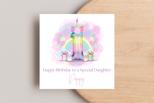 Personalised Unicorn Rainbow Balloons Birthday Card