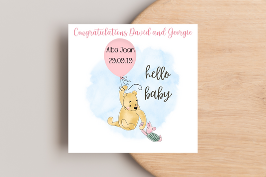Personalised Pooh Bear Hello Baby Boy/Girl Card