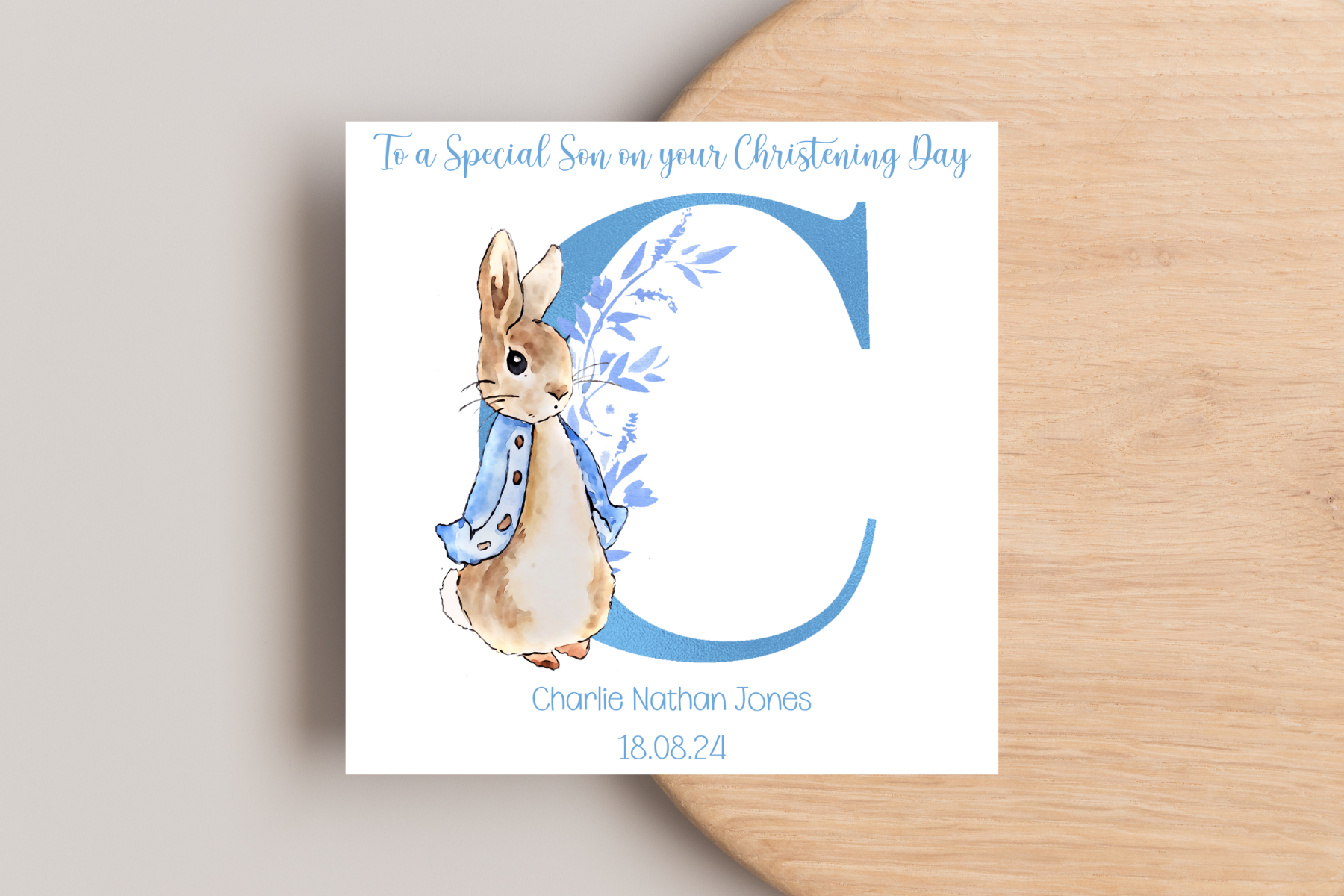 Peter Rabbit Blue Christening Card- Personalised Initial Name and Date