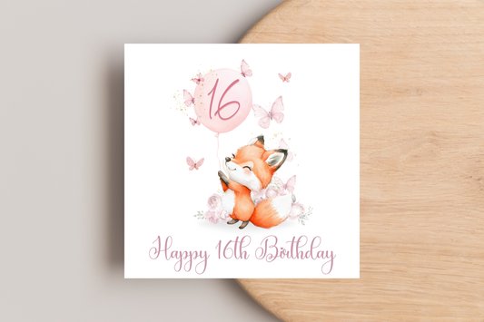 Pink Butterflies and Fox 16th Birthday Card