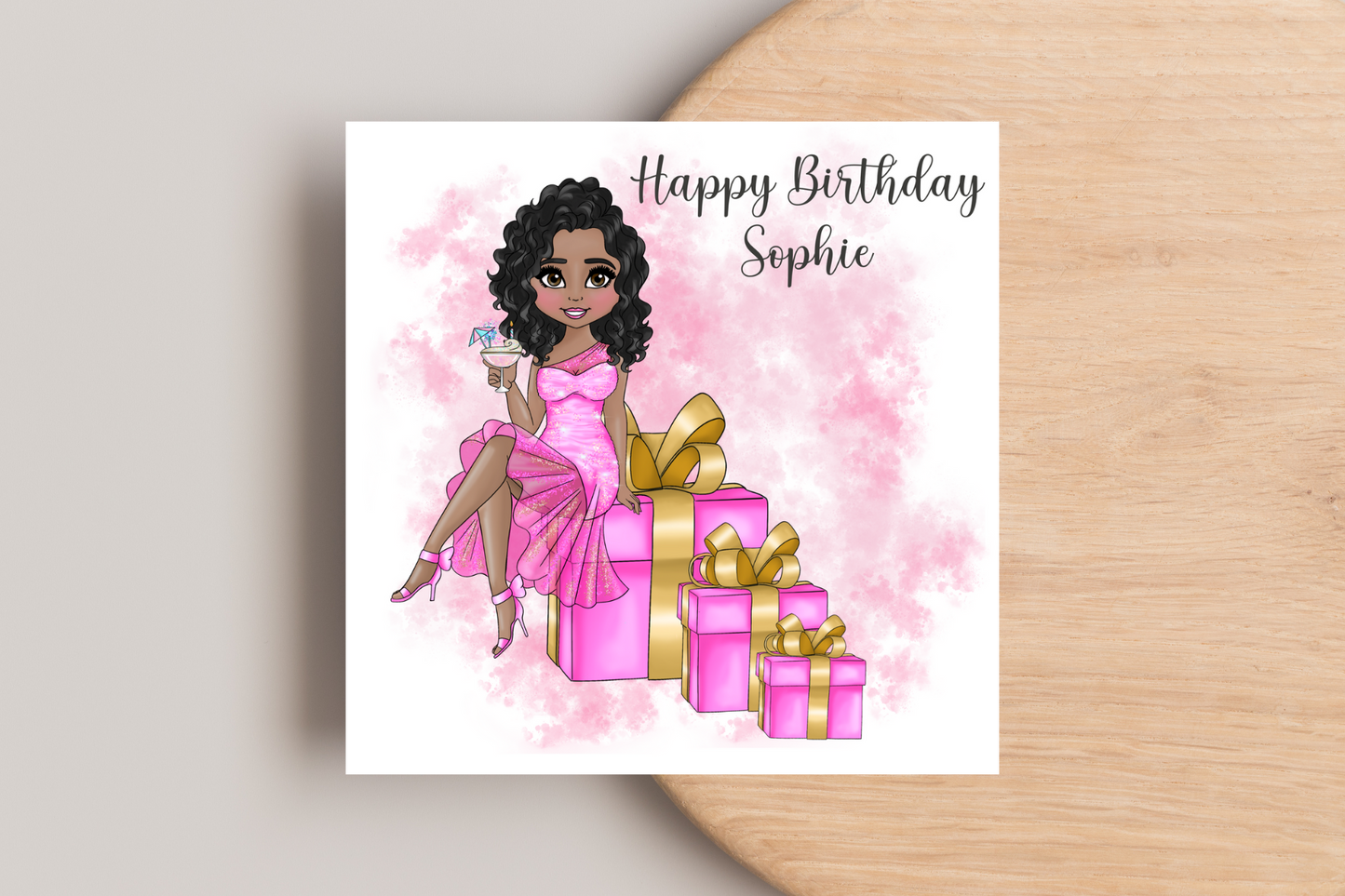Personalised Birthday Card Personalised- Lady in Pink Dress Sitting on Glittering Presents