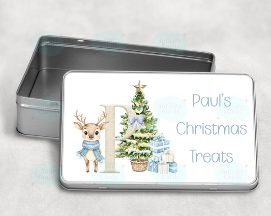 Personalised Reindeer Blue Initial Christmas Treat Tin