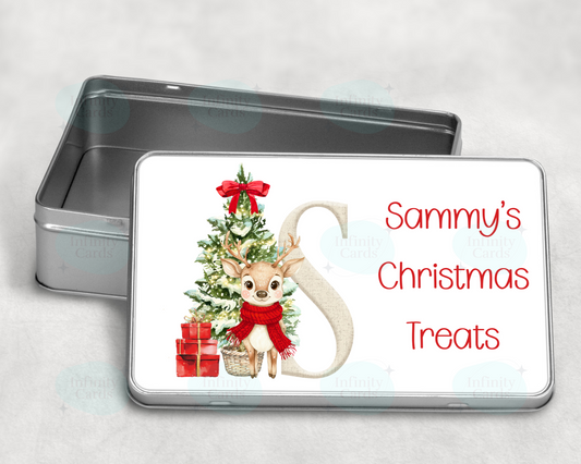 Personalised Reindeer Red Initial Christmas Treat Tin