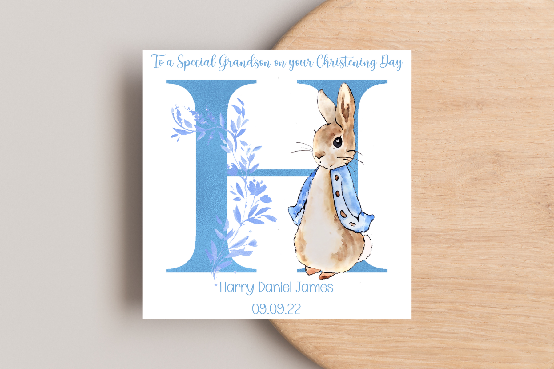 Peter Rabbit Blue Christening Card- Personalised Initial Name and Date