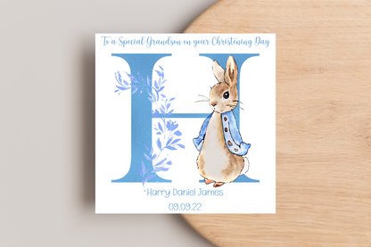 Peter Rabbit Blue Christening Card- Personalised Initial Name and Date