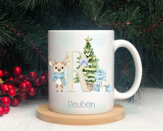Personalised Initial Blue Reindeer Mug