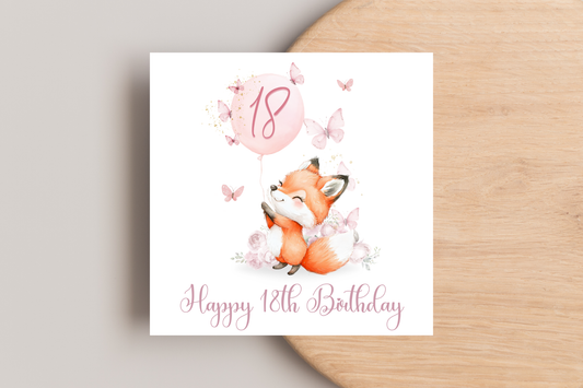 Pink Butterflies and Fox 18th Birthday Card