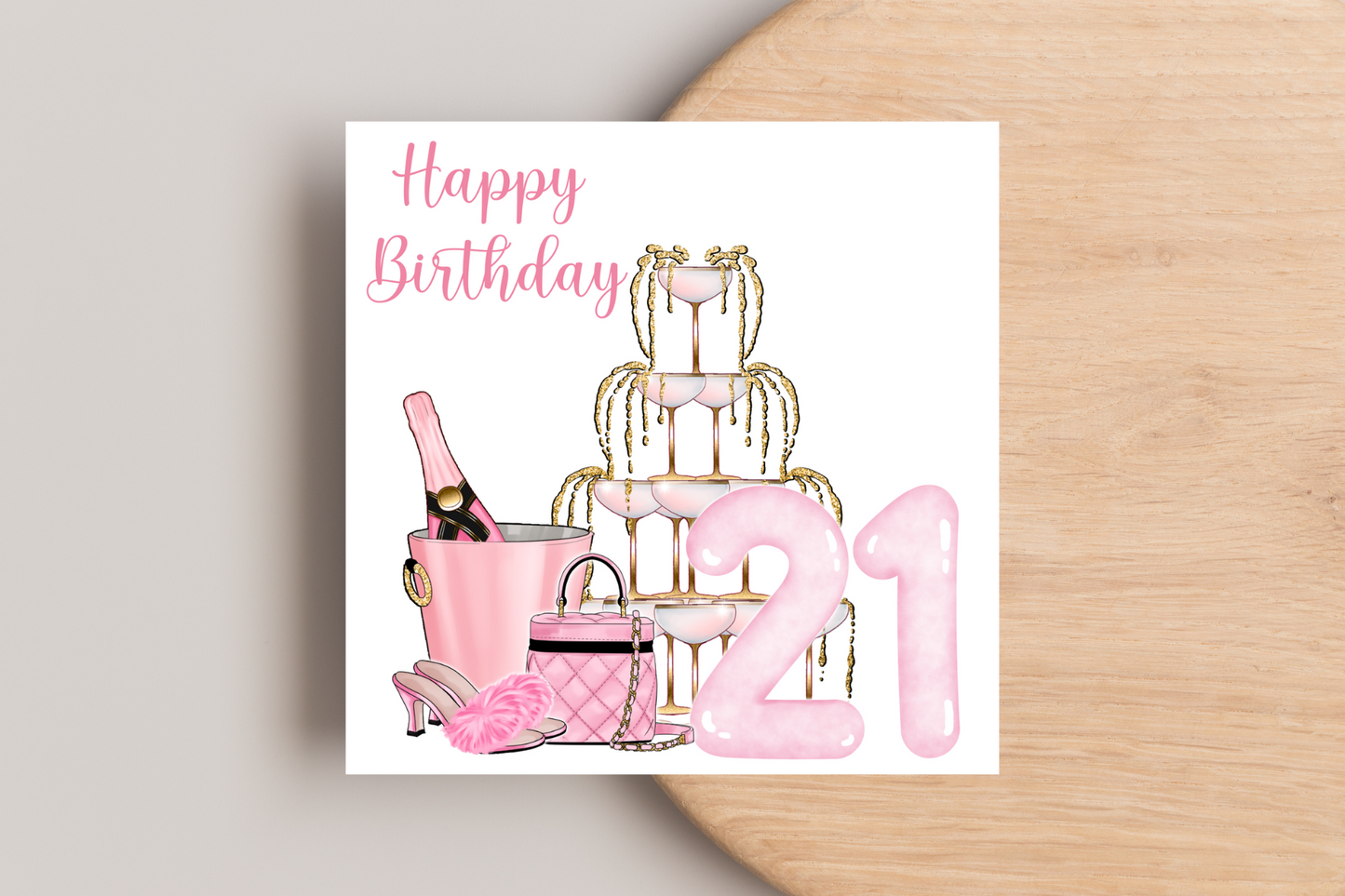 Pink Champagne Fountain 21st Birthday Card