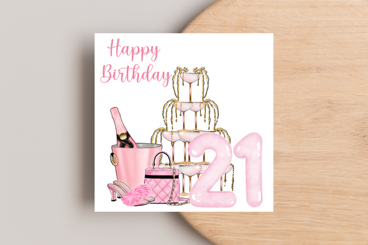 Pink Champagne Fountain 21st Birthday Card