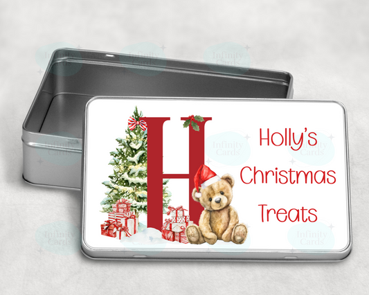 Personalised Teddy Initial Christmas Treat Tin