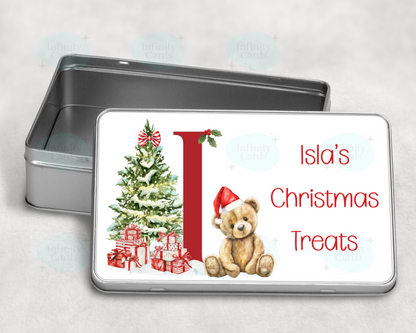Personalised Teddy Initial Christmas Treat Tin