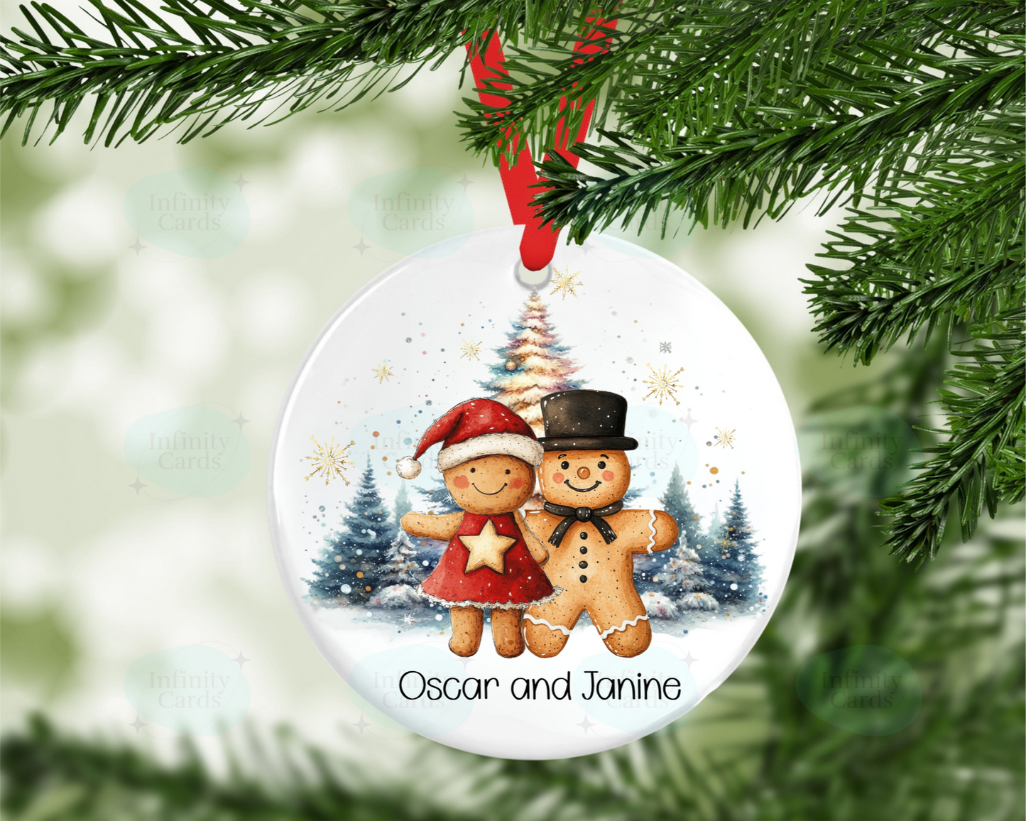 Christmas ornament with gingerbread couple and personalized name on a tree.