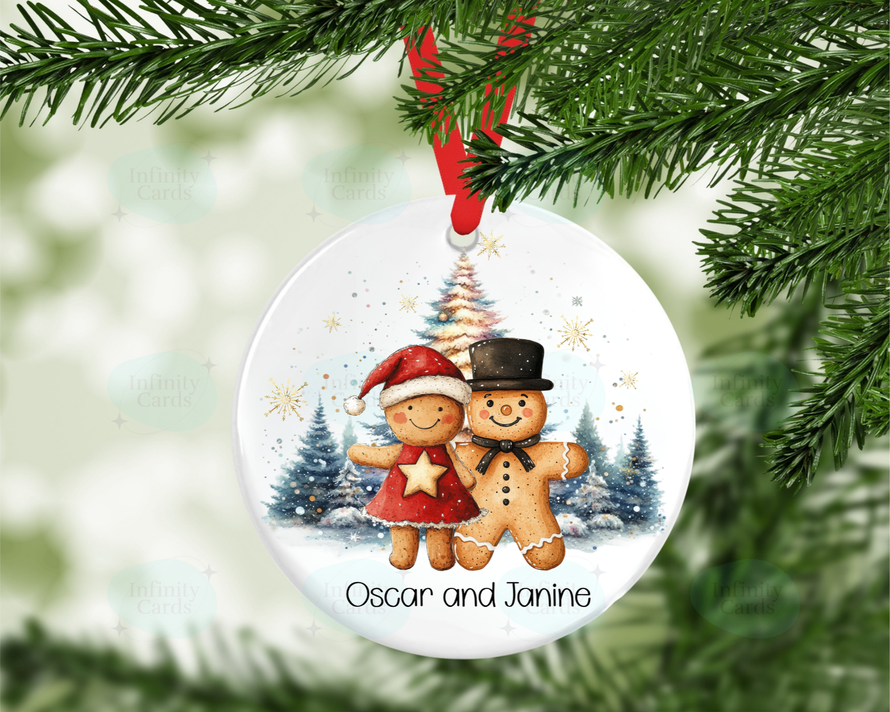 Christmas ornament with gingerbread couple and personalized name on a tree.