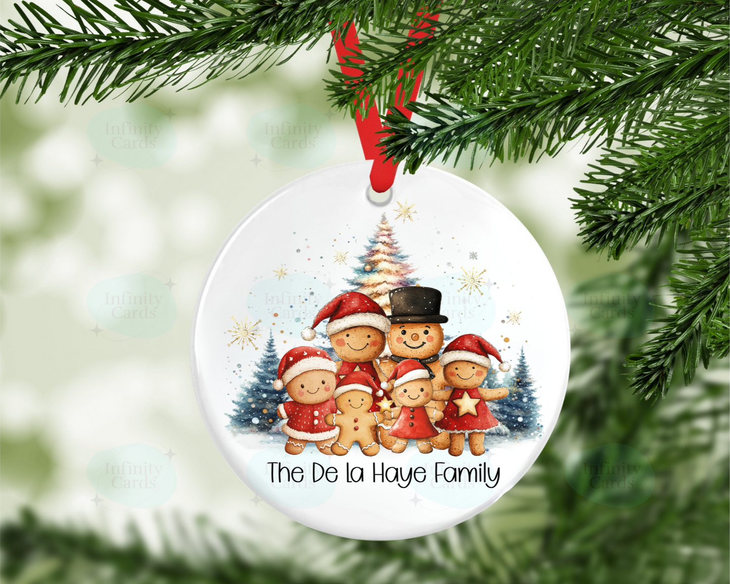 Christmas ornament with Gingerbread family design on a tree