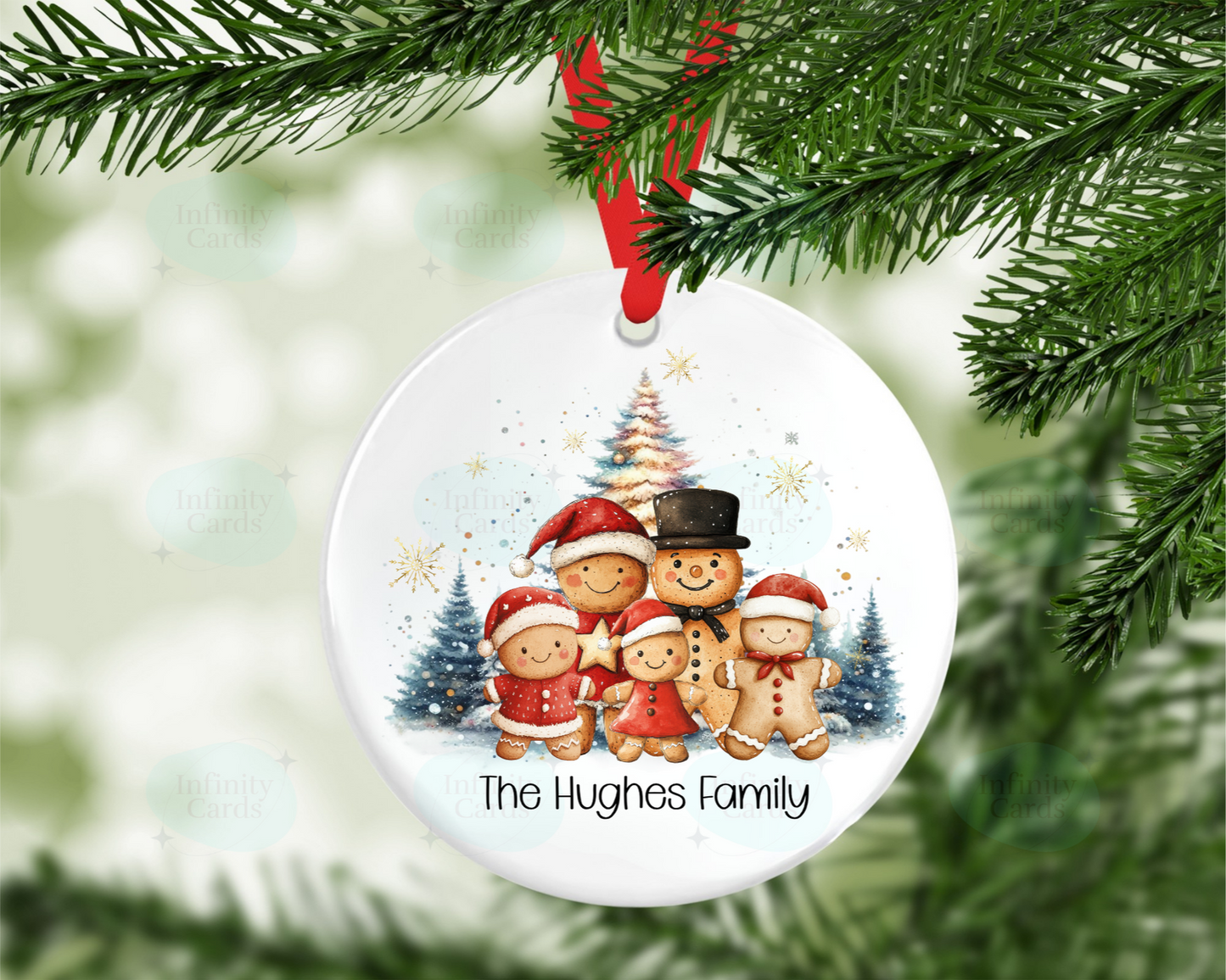 Christmas ornament with Gingerbread family design on a tree
