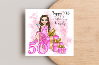 50th Birthday Card Personalised- Lady in Pink Dress Sitting on Glittering Presents
