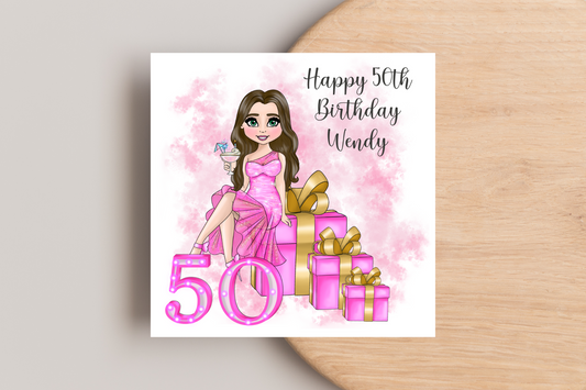 50th Birthday Card Personalised- Lady in Pink Dress Sitting on Glittering Presents