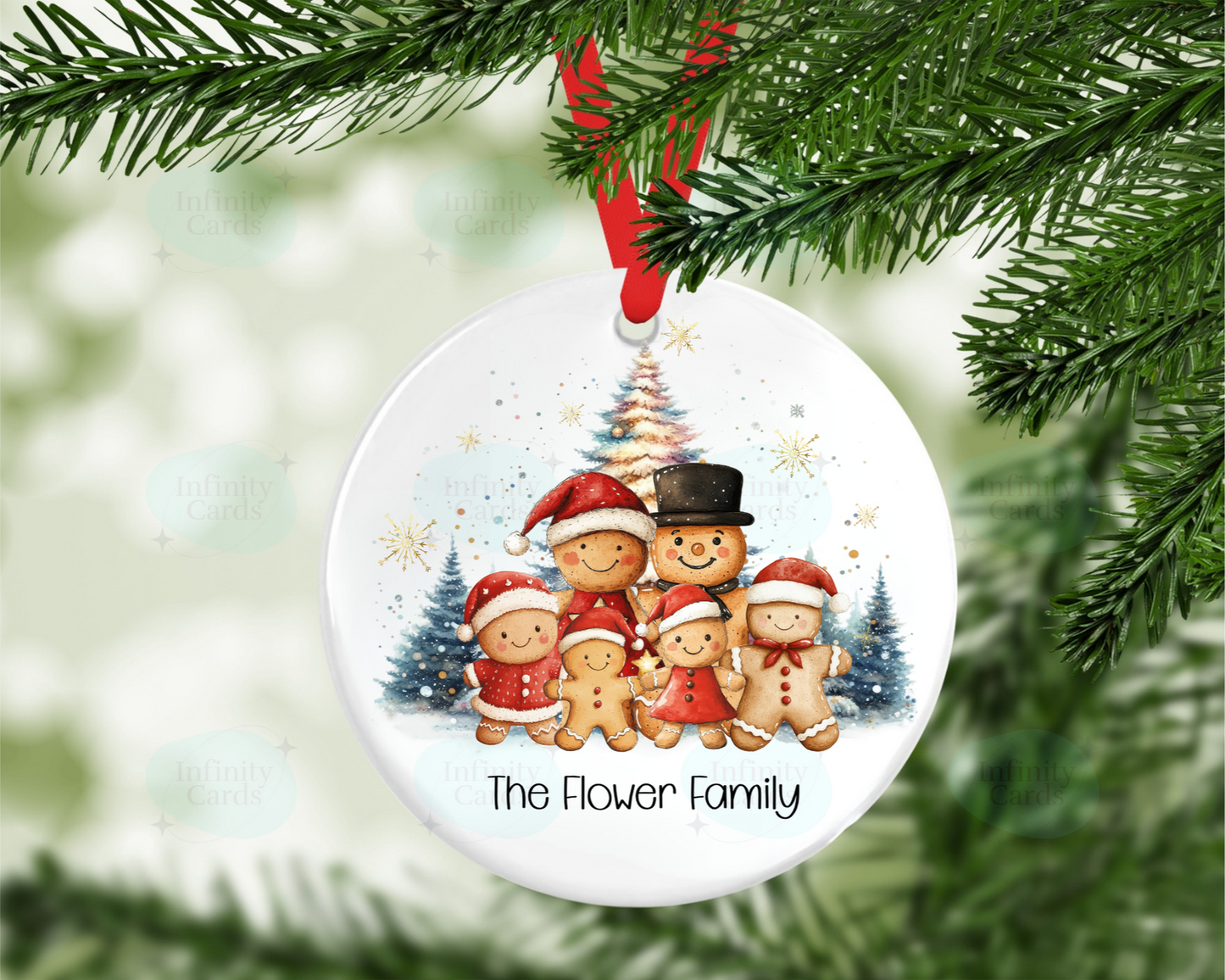 Christmas ornament with gingerbread family design on a green tree background