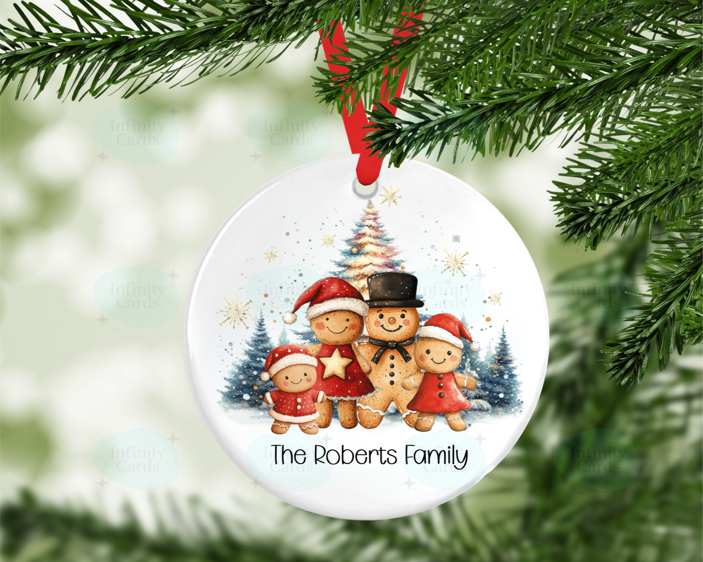 Christmas ornament with Gingerbread family design on a tree